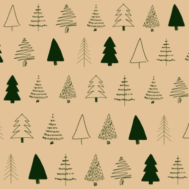 Bej bir arka planda Noel yeşil ağaçlarının desenli çizimi