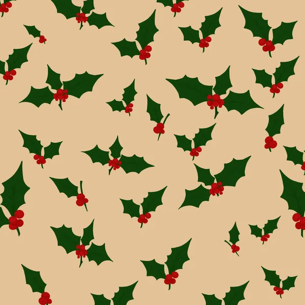 Weihnachtsmuster Aus Grünen Blättern Und Roten Beeren Auf Beigem Hintergrund — Stockfoto