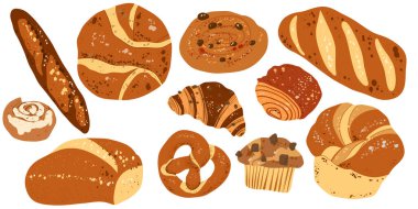 Fırın Ekmek ve Pasta Set El Çizim Vektörü İllüstrasyonu