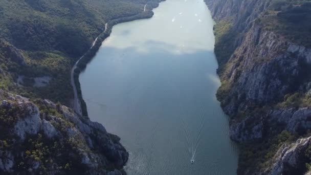 Pan Drone Shot View River Boats Danube River Mountains Left — Stock Video