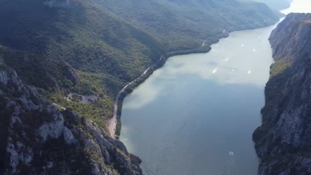 Drone Shot River Mountain Top Pan Aerial View Danube River — Stock Video