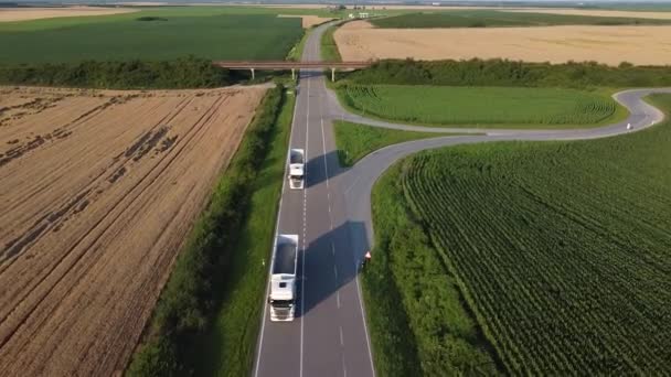 Vrachtwagens Rijden Een Snelweg Het Midden Van Akkers — Stockvideo