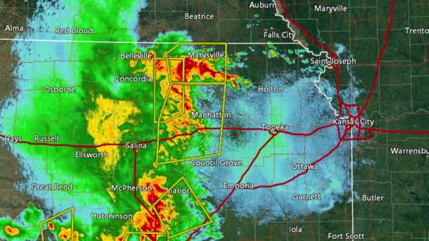 5 / 25 / 16 NE Radar Doppler de brote de tornado de Kansas (con cajas de advertencia ) — Vídeo de stock