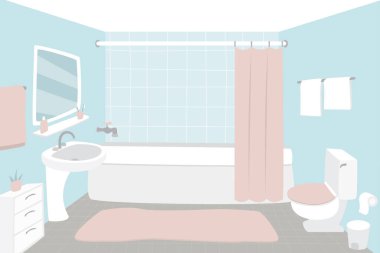 Mobilyalarla dolu modern banyo. Ev eşyaları - banyo, kare ayna, lavabo, tuvalet. Düz biçim Vektör illüstrasyonu