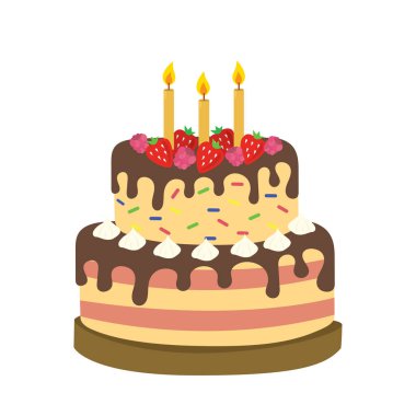 Beyaz arka planda izole edilmiş doğum günü pastası. Tatil tatlısı. Düz vektör illüstrasyonu