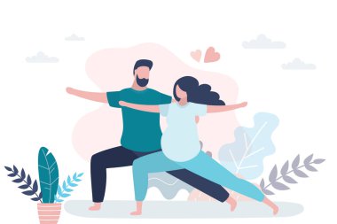 Yoga pozu veren mutlu bir çift. Güzel hamile kadın ve Asana 'yı beceren yakışıklı adam. Sağlık ve atletik aile. Kurs ya da yoga dersi, çift sporlar. Moda vektör illüstrasyonu