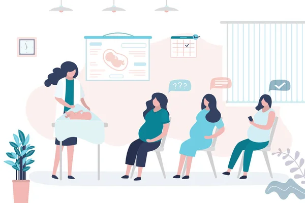 Έννοια Μαθημάτων Μητρότητας Σεμινάριο Εγκυμοσύνης Ομάδα Εγκύων Γυναικών Και Ιατρός — Διανυσματικό Αρχείο