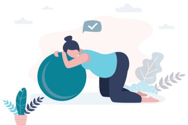 Fitbol oynadıktan sonra yorgun hamile bir kadın. Hamilelik süresince spor. Sağlık ve spor konsepti. Güzel kadın karakteri. Moda biçim vektör illüstrasyonu