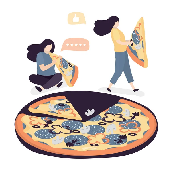 Frauen Essen Große Pizza Winzige Leute Halten Stücke Traditionellen Italienischen — Stockvektor