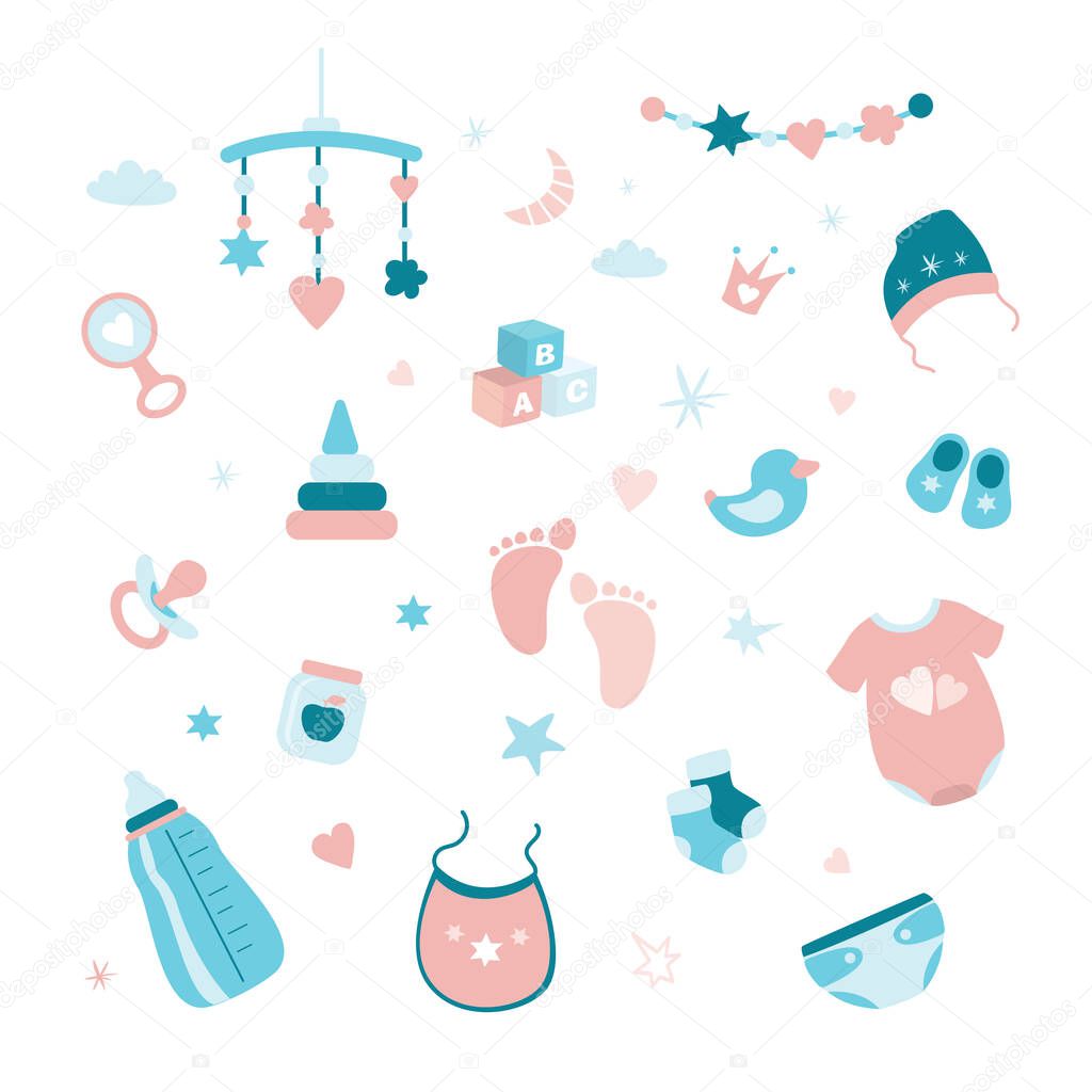 Set of elements and objects for a newborn baby. Collection of symbols and icons for infant. Doodle tools isolated on white background. Flat vector illustration