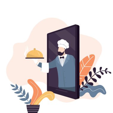 Lokanta ya da kafeden yemek siparişi ve teslimatı. Mobil uygulama ve erkek aşçı. İnternetten hazır yemek konsepti alıyorum. Moda biçim vektör illüstrasyonu