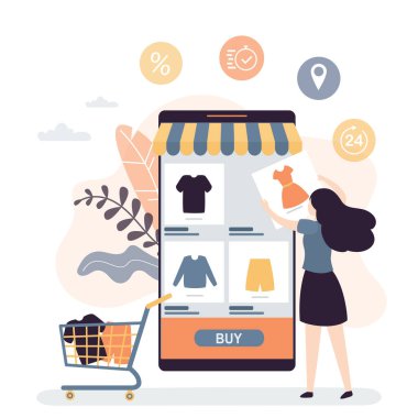 Çevrimiçi mağazada alım teknolojisi. Ekranda pazar yeri uygulaması olan modern akıllı telefon. Kadın müşteri siparişi ve ödeme malları. Sanal alışveriş konsepti. Vektör illüstrasyonu