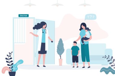 Annem çocukları bir çocuk doktoruna götürdü. Annesi oğlu ve kızı olan kadın bir tıp uzmanı ya da hemşire. Sağlık hizmeti, tıbbi danışmanlık geçmişi. Klinik odasının içi. Vektör illüstrasyonu