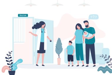 Ebeveynler çocukları bir çocuk doktoruna götürdüler. Kadın tıp uzmanı ya da hemşire. Sağlık hizmeti, tıbbi danışmanlık geçmişi. Klinik odasının içi. Vektör illüstrasyonu