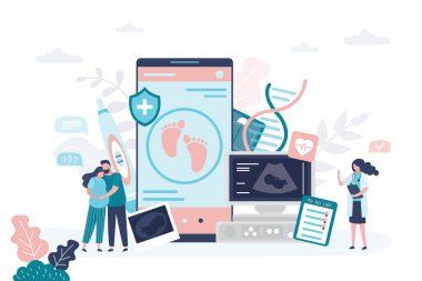 Hamilelik planlama ve akıllı telefon ekranında izleme uygulaması. Tıbbi işaretler ve ikonlar. Doğum öncesi sağlık konsepti. Erkek arkadaşı ve kadın doktoru olan hamile bir kadın. Moda vektör illüstrasyonu