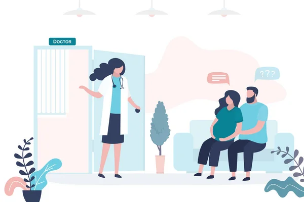 Doğum öncesi ilaç. Resepsiyonda kocası olan güzel hamile bir kadın var. İnsanlar doktor bekliyor. Sağlık görevlisi ya da üniformalı hemşire. Danışmanlık, hekimin tavsiyeleri. Lobi odasının içi..