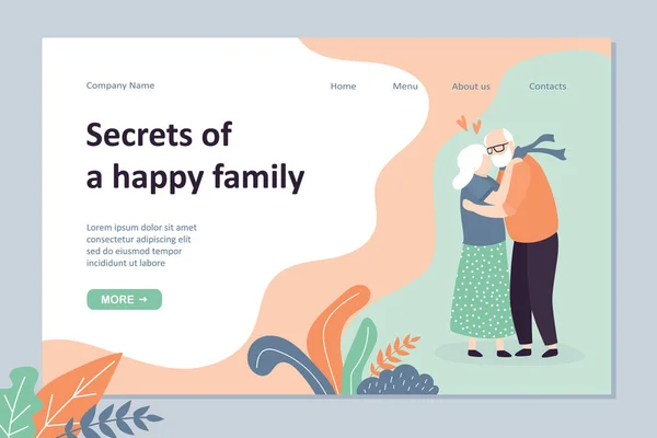 Secrets Happy Family Landing Page Template Seniors Hugging Loving Couple — Stock Vector