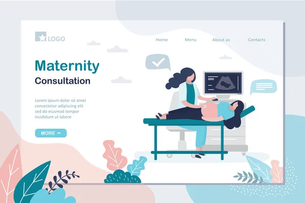 Modelo Página Destino Consulta Maternidade Médico Faz Ultra Som Mulher — Vetor de Stock