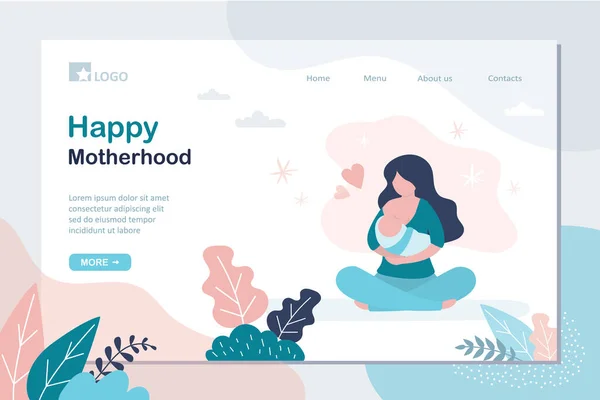 Happy Motherhood Landing Page Template Beauty Mother Holding Hewborn Baby — Stock Vector