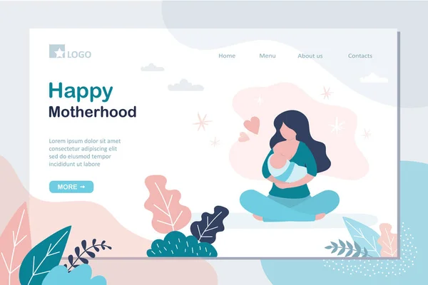 Modelo Landing Page Maternidade Feliz Beleza Mãe Segurando Bebê Nascido —  Vetores de Stock