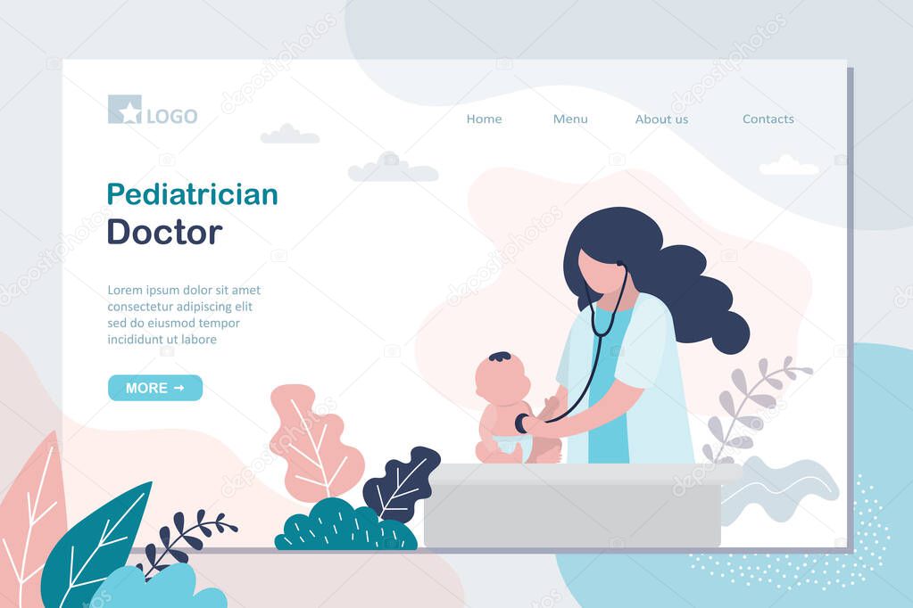 Pediatrician doctor landing page template. Doctor listens to a child with a stethoscope. Infant baby and female medical specialist or nurse. Health care background. Trendy style vector illustration