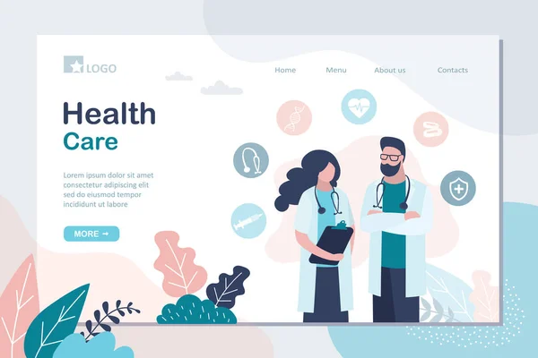 Modelo Landing Page Cuidados Saúde Dois Médicos Fardados Com Ícones — Vetor de Stock