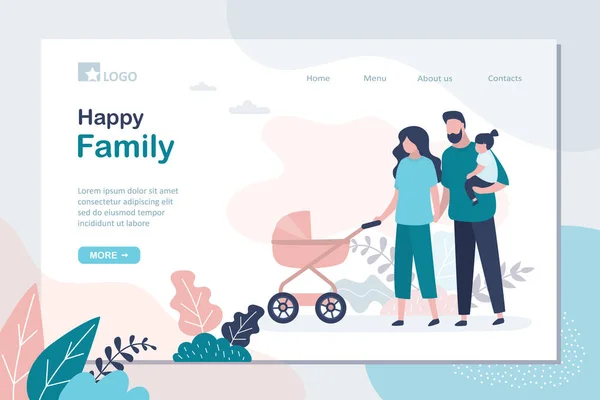 Gelukkige Familie Landing Page Template Ouders Met Dochter Kinderwagen Kindertijd — Stockvector