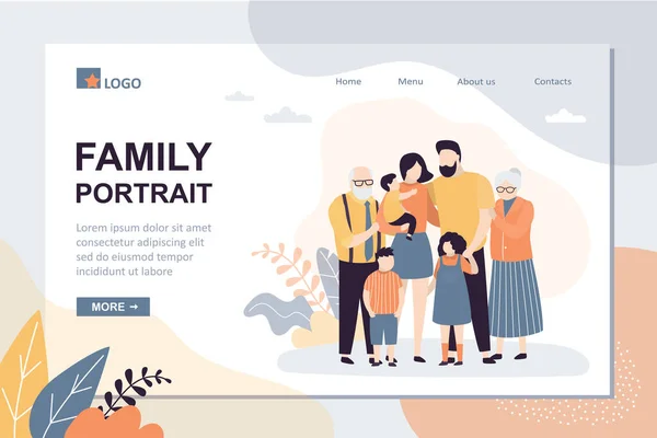 Family Portrait Landing Page Template Happy Parents Children Grandparents Mother — Stock Vector