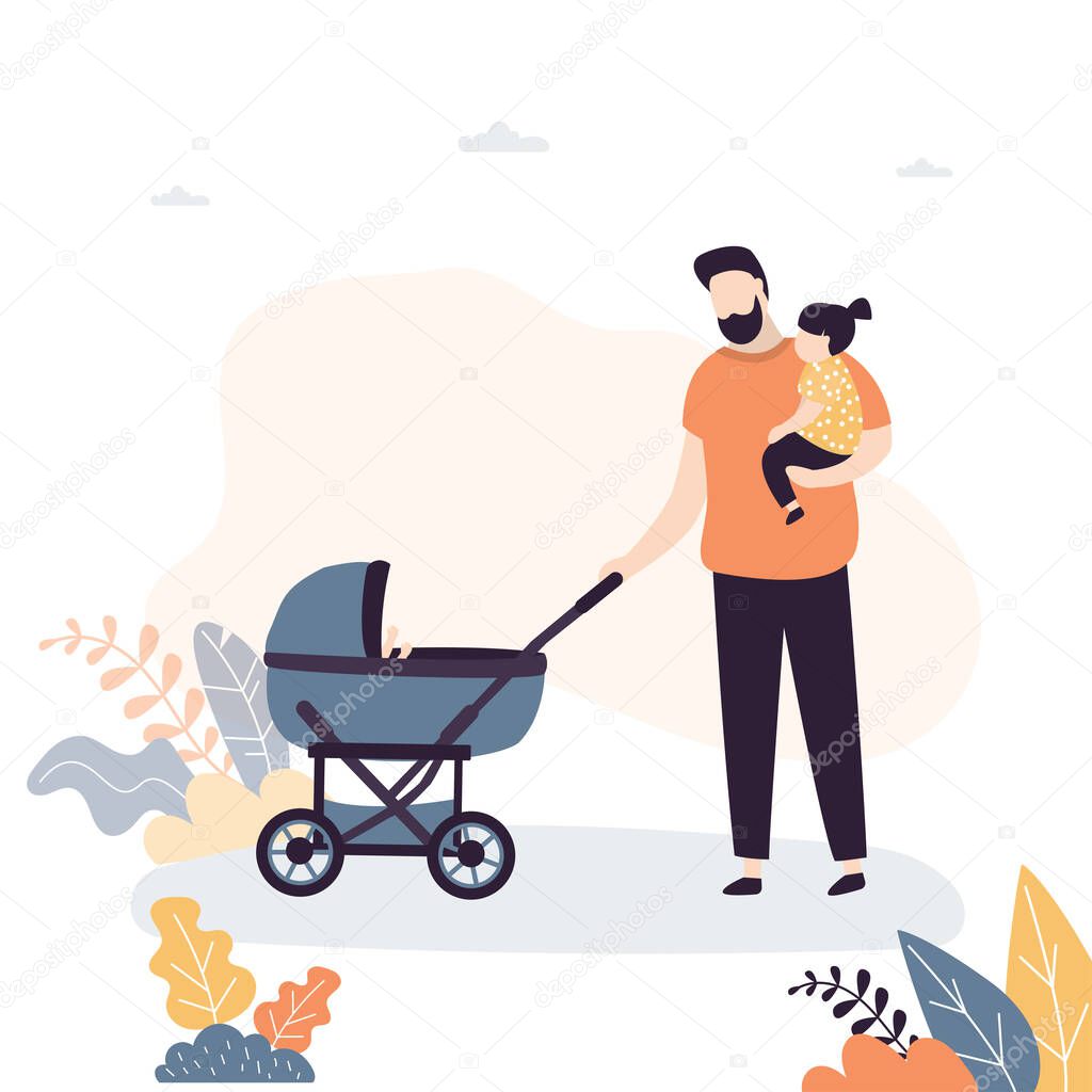 Father spends time with children. Family activities concept. Handsome Daddy with baby stroller and daughter on hand. Funny tiny people outdoor. Trendy style vector illustration