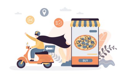 Teslimat hizmeti konsepti. Kahraman gibi giyinen kurye motorcu. Geleneksel İtalyan pizzası pizzacıdan geliyor. Motosikletli komik teslimatçı. Vektör illüstrasyonu