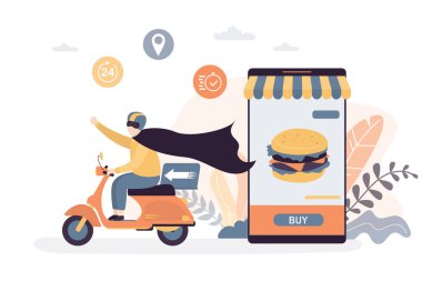 Motosikletli komik teslimatçı. Süper kahraman gibi giyinmiş bir kurye. Hızlı teslimat konsepti. Çevrimiçi dükkan veya kafe, internetten fast food siparişi. Moda biçim vektör illüstrasyonu