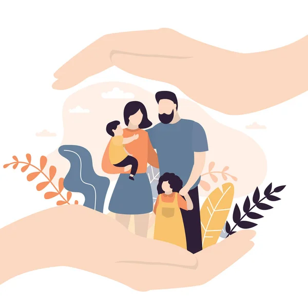 Sigorta ve sağlık sigortası konsepti. Büyük eller kucağında ve çocuklu, küçük bir çifti örtüyor. Tıbbi ya da finansal güvence, aile bakımı afişi. Moda Vektörü illüstrasyonu