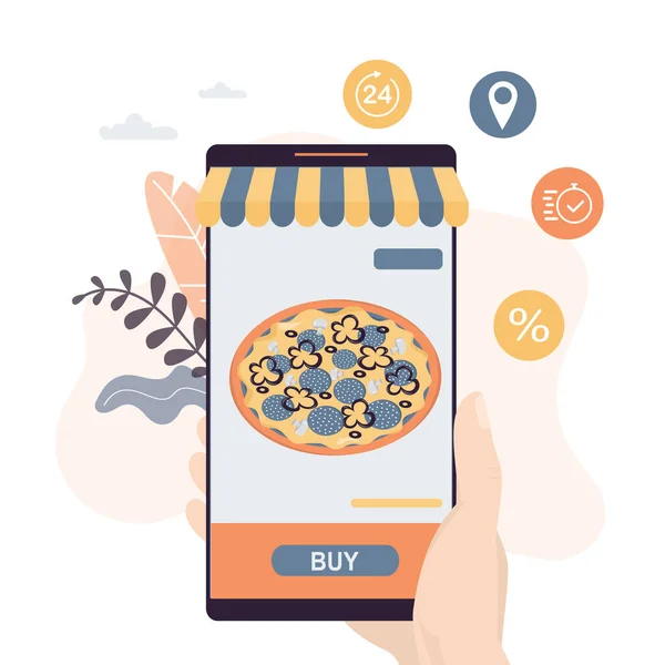 現代的なスマートフォンを手に持っている 携帯電話上のアプリケーションでピザを購入し 支払う Eコマース インターネットショップと配信 伝統的なイタリア料理 トレンディなスタイルのベクトルイラスト — ストックベクタ