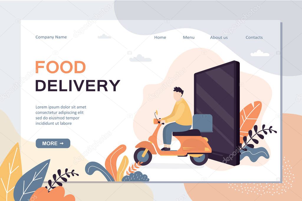 Funny delivery man ride motorbike. Young handsome courier worker. Fast supply concept background. Delivery of goods from online stores landing page template. Trendy style vector illustration