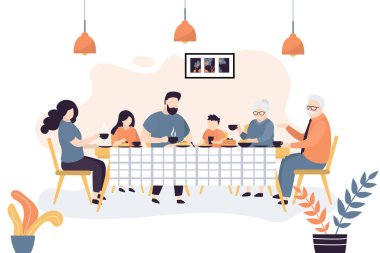 Devasa aile masada oturuyor. İnsanlar birlikte çay içer ve tatlı yerler. Aile portresi afişi. Büyükbabalar, ebeveynler ve iki çocuk. Düz trend vektör illüstrasyonu