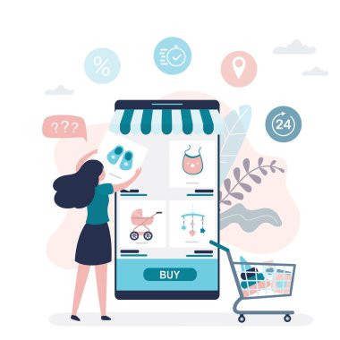 Çevrimiçi iş başvurusu olan büyük modern cep telefonu. Güzellik kraliçesi yeni doğan bebek için bir şeyler alıyor. Online alışveriş teknolojileri. Arka planda iş ilanları. Düz vektör illüstrasyonu