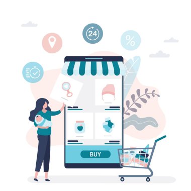 Çevrimiçi iş başvurusu olan büyük modern cep telefonu. Yeni doğmuş bir bebeği kucağında tutan ve bebek eşyaları alan güzel bir kadın. Online alışveriş teknolojileri. Arka planda iş ilanları. Vektör illüstrasyonu