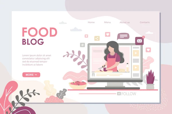 Food Blog Landing Page Template 制作视频在显示器上显示 博客告诉我们如何烹调食物 女厨师教烹饪新菜谱 现代厨房里的女性博客角色 矢量说明 — 图库矢量图片