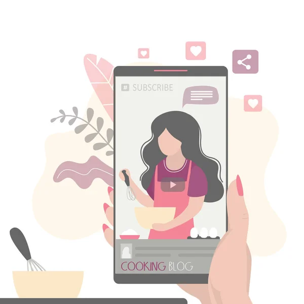 Mão Segurando Smartphone Moderno Blogueira Comida Feminina Conta Como Cozinhar — Vetor de Stock