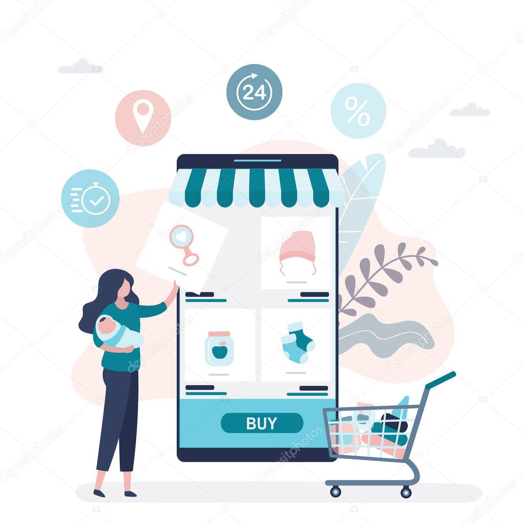 Big modern mobile phone with online shop application. Beauty woman holding newborn baby and purchase of baby goods. Online shopping technologies. Business signs on background. Vector illustration