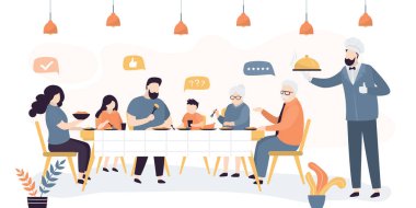 Büyük aile kafe veya restoranda yemek yer. Tepsisi olan yakışıklı bir şef ya da garson. Büyükanne ve büyükbabalar, çocuklu aileler kafede bir masada oturup yemek yerler. İnsanlar kutlama yapar. Vektör illüstrasyonu