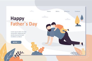 Babalar Günü iniş sayfası şablonunuz kutlu olsun. Babam oğluyla vakit geçiriyor. Aile aktiviteleri konsepti. Anaokulu çocuğu oynayan yakışıklı baba. Komik minik insanlar. Moda biçim vektör illüstrasyonu