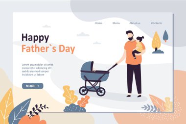 Babalar Günü iniş sayfası şablonunuz kutlu olsun. Babam çocuklarla vakit geçiriyor. Aile aktiviteleri konsepti. Yakışıklı baba bebek arabasını yuvarlıyor ve anaokulu çocuğunu elinde tutuyor. Komik minik insanlar. Vektör illüstrasyonu