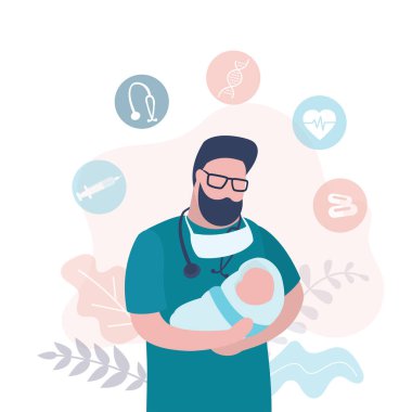 Yakışıklı erkek doktor yeni doğmuş bir bebeği kollarında tutuyor. Üniformalı bir aksesuar çocuğu tutuyor. Tıbbi semboller ya da işaretler. Sağlık hizmetleri afişi. Moda biçim vektör illüstrasyonu