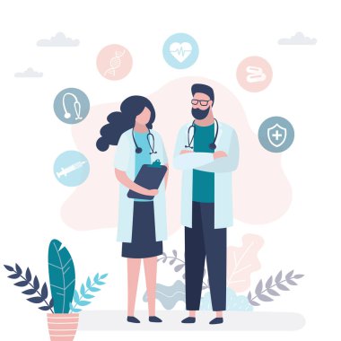 Erkek ve kadın doktorlar. Erkek doktor ve kadın hemşire. Tıp çalışanları ve tıp ikonları ya da tabelalar. Moda tarzında insanlar. Düz vektör illüstrasyonu