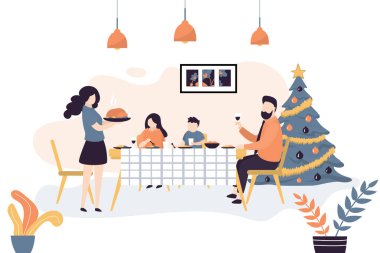 Şenlikli yemek masası ve tatil yemekleri. Mutlu insanlar, mutfak masası örtüsü, içkiler ve yemek. Anne, baba ve çocuklar Noel 'i ya da yeni yılı kutluyorlar. Düz vektör illüstrasyonu