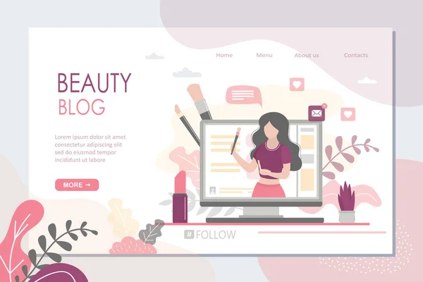 Modèle Page Renvoi Blog Beauté Fille Blogueuse Faire Examen Pour — Image vectorielle