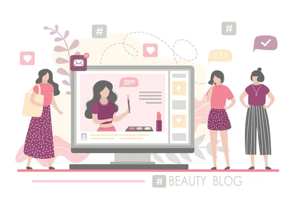 Fashion Women Watching Beauty Blog Female Blogger Talks Latest Cosmetics — Stock Vector