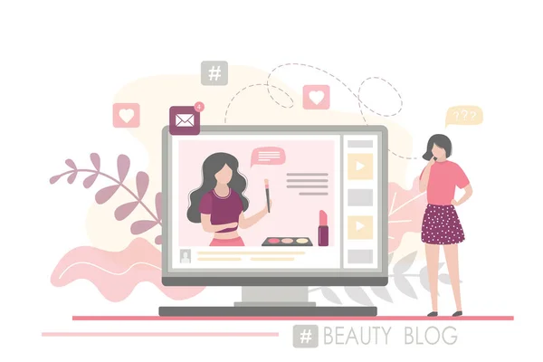 Mulher Moda Assistindo Blog Beleza Falando Smartphone Blogueira Fala Sobre — Vetor de Stock