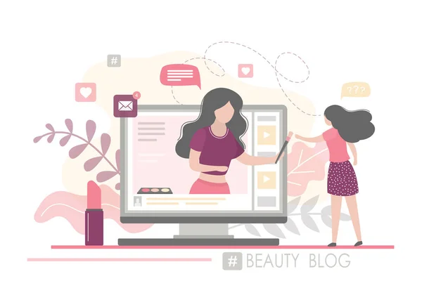 Assinante Bonito Feminino Assistindo Blog Beleza Blogueira Feminina Fala Sobre — Vetor de Stock